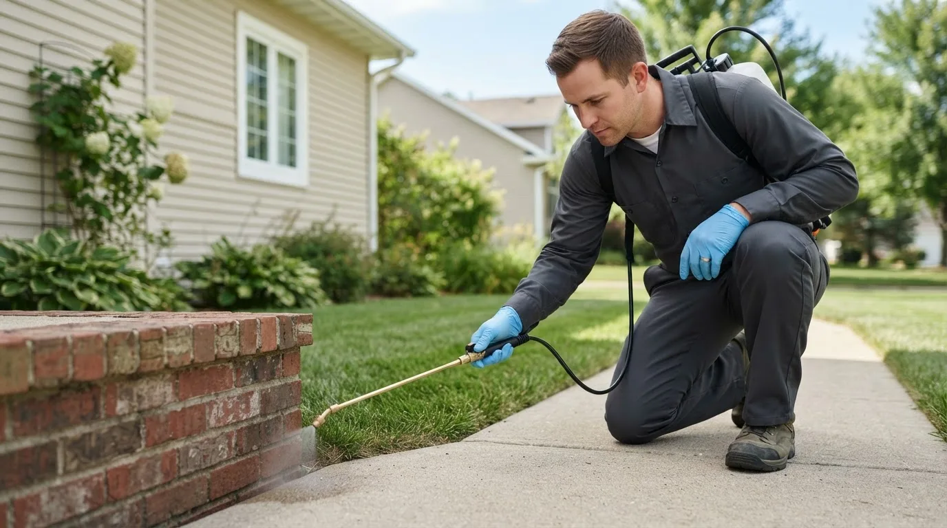 Pest control technician treating a home near Jakin, GA